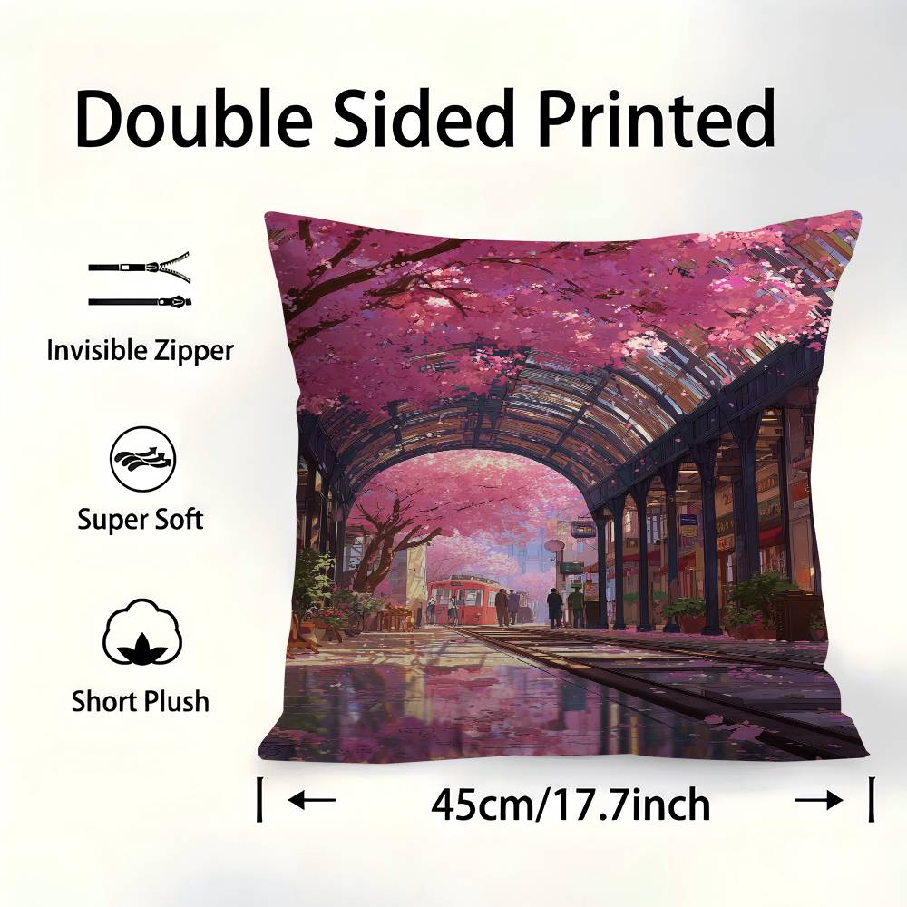 Japanische Straßenbahn-Szenerie Kirschblüten Kissenbezug Dekokissenbezug Kissenhülle Bedruckte Kissenhülle Für Sofa