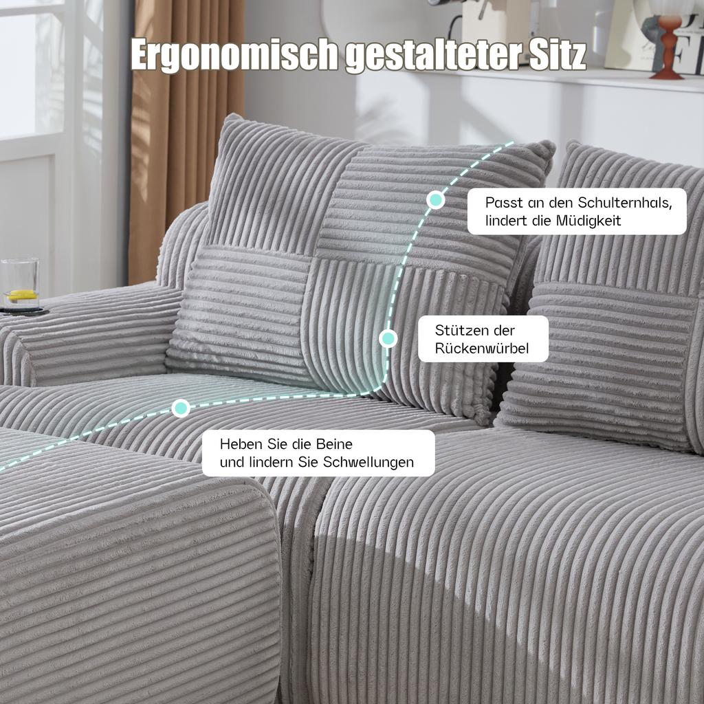Modular Corduroy Sofa for 3 People (with 2 Stools), Freely Combinable, Including Drink Holder and Storage Pocket, Ideal for Living Room. Light Gray