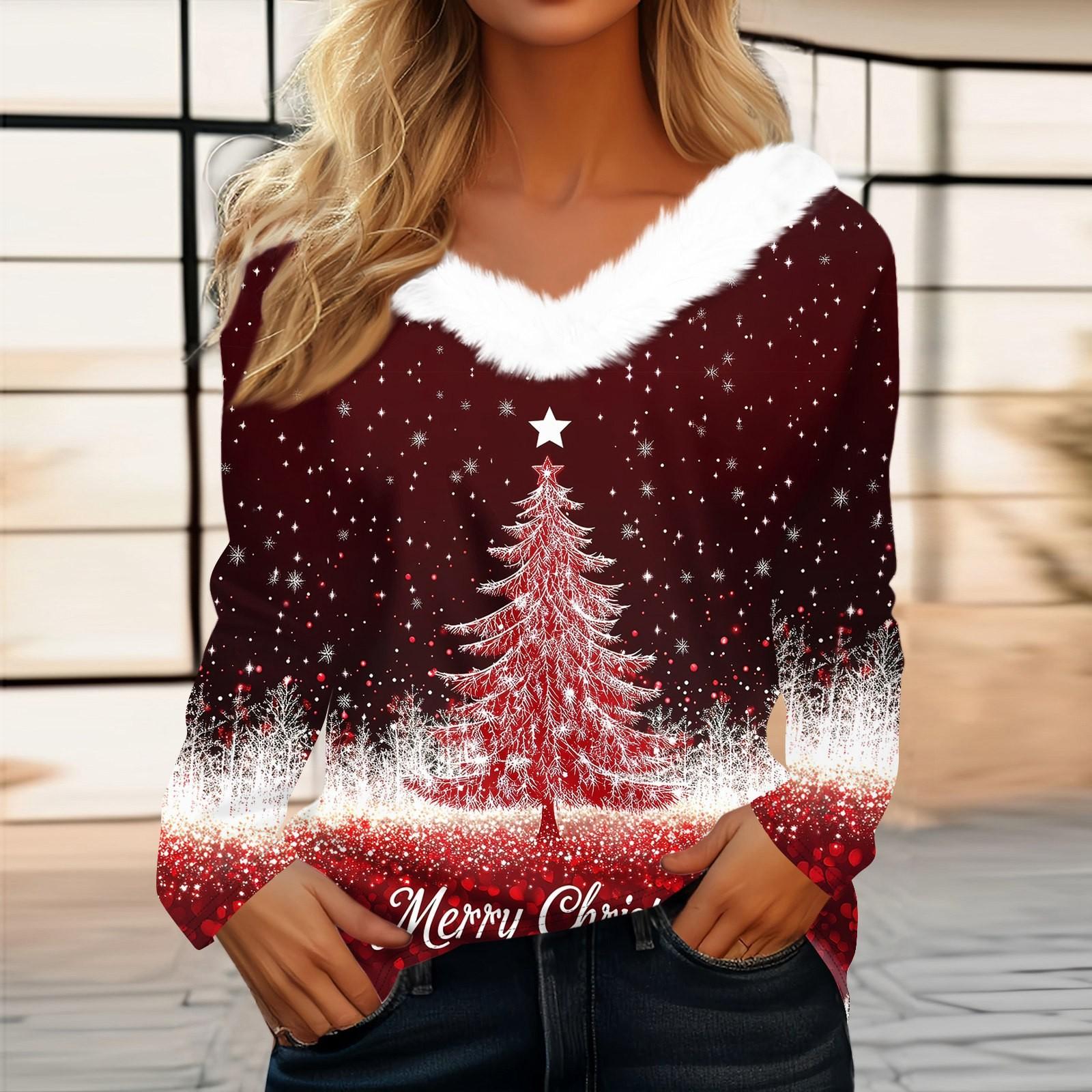 

Жіноча футболка Футболка з різдвяним принтом Сорочка з довгим рукавом для вечірки з різдвяним флісовим коміром і V-подібним вирізом XXL винний