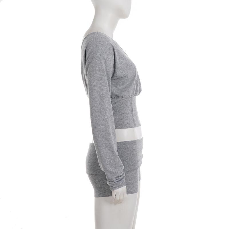 American Casual Off-Shoulder Long-Sleeve Hoodie Waist-Cinched Sportswear Set