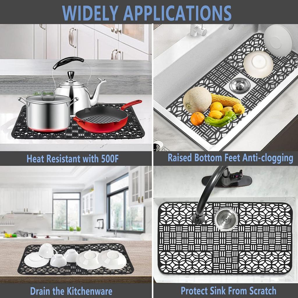 Kitchen Sink Mats Silicone Sink Mat Protectors for Bottom of Kitchen Sink 26 "x 13.78" Non-Slip Sink Protectors with Cutout Drain Holes for Farmhouse