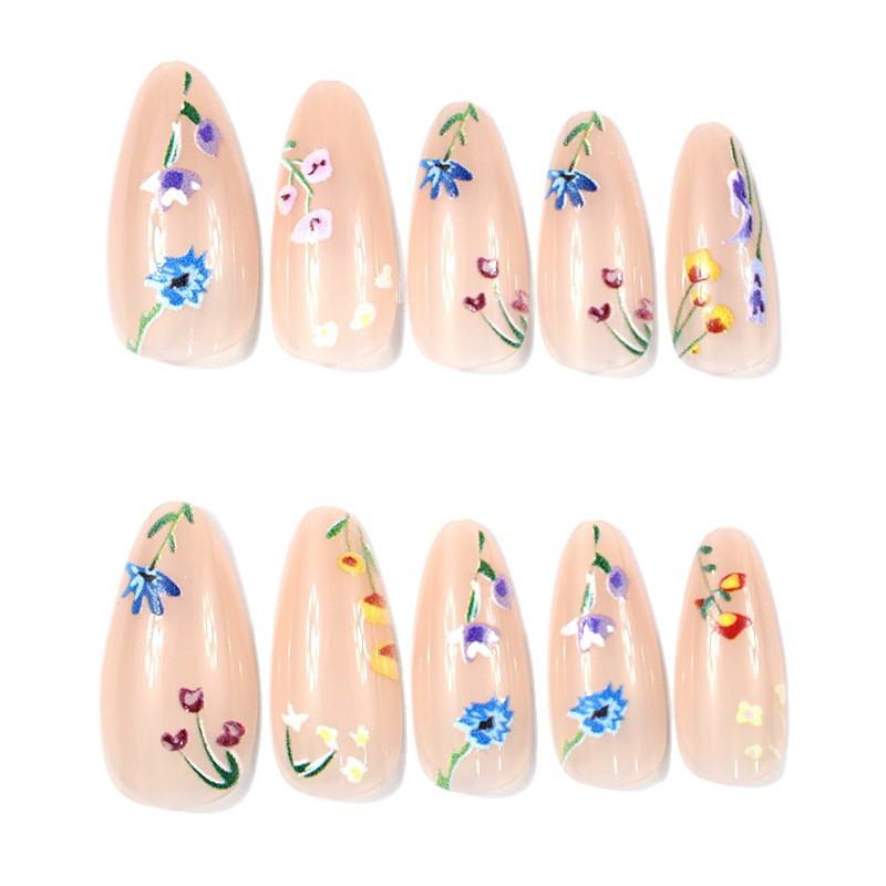 24pcs Almond-Shaped Nail Stickers, With Nude Base And Colorful Floral Pattern Artificial Nails, Nail Supplies, Acrylic Fake Nails Perfect For Ladies