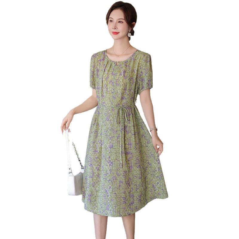 Xue Xi Mama 2026 Floral Slimming Summer Dress for Middle-Aged & Elderly Women - Short-Sleeve, Long Skirt