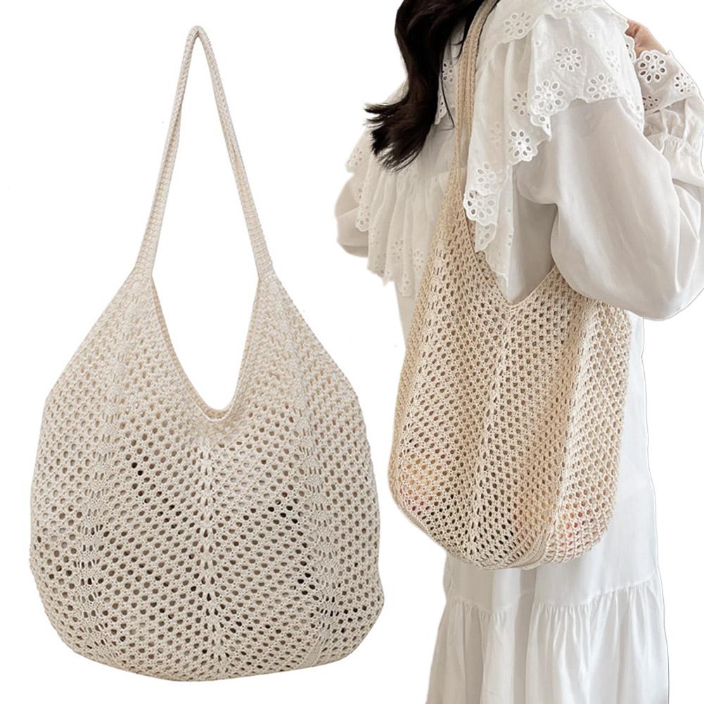 Women Knitting Shoulder Bag Solid Color Aesthetic Hobo Bag Large Capacity Knitted Tote Handbag Ladies Daily Handbag