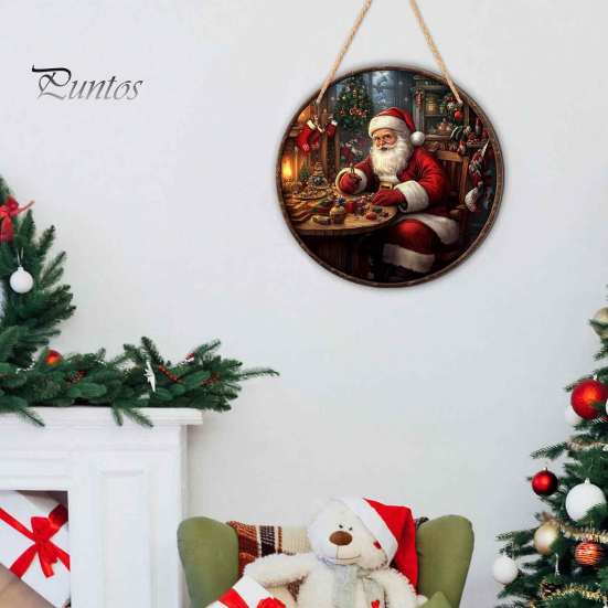 Rustic Christmas Wall Decor Wooden Round Hanging Sign, Santa Claus Highland Cow Winter Theme Farmhouse Ornament Door Decor, Holiday Welcome for Indoor