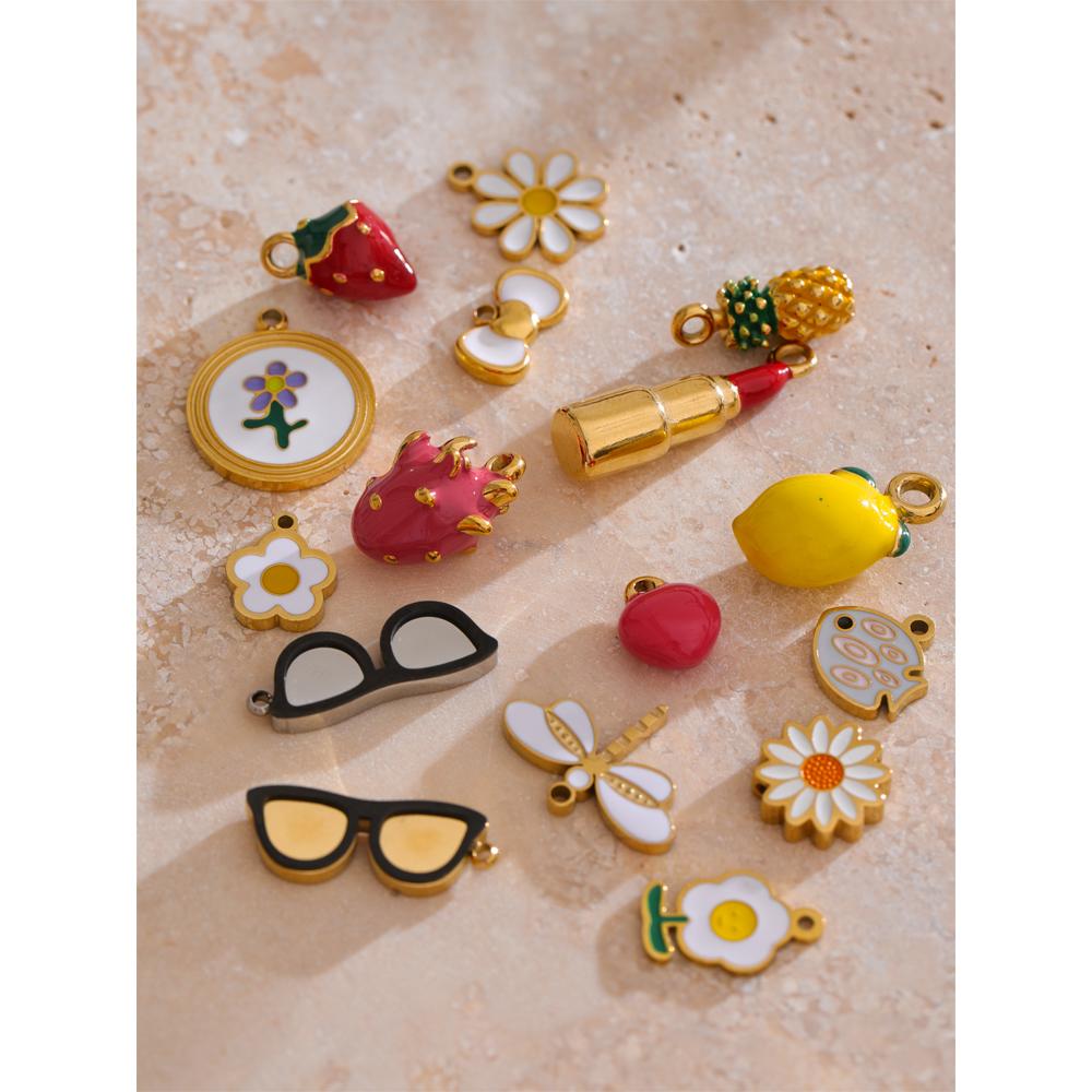 Yhpup Fashion Enamel Lemon Strawberry Heart Flower Gift DIY Accessories Making Necklace Bracelet Earring Stainless Steel Jewelry