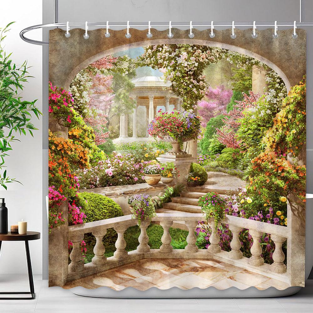 Mediterraner Wald Wasserfall Naturlandschaft Duschvorhang Polyesterstoff Waschbar Badvorhang Badezimmer Dekoration Mit Haken
