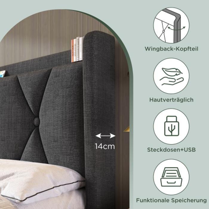 Lit Avec Tête De Lit USB - MUVOE - 160x200 Cm - 4 Tiroirs - Matelas Inclus - Gris