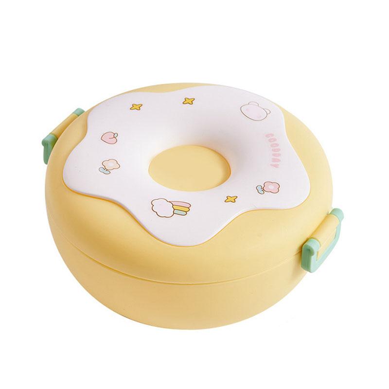 

Ланч-бокс Бенто в форме пончика, нагреваемый, с крышкой, вилкой, ложкой, пластиковый контейнер для ланча для офиса, школы жёлтый