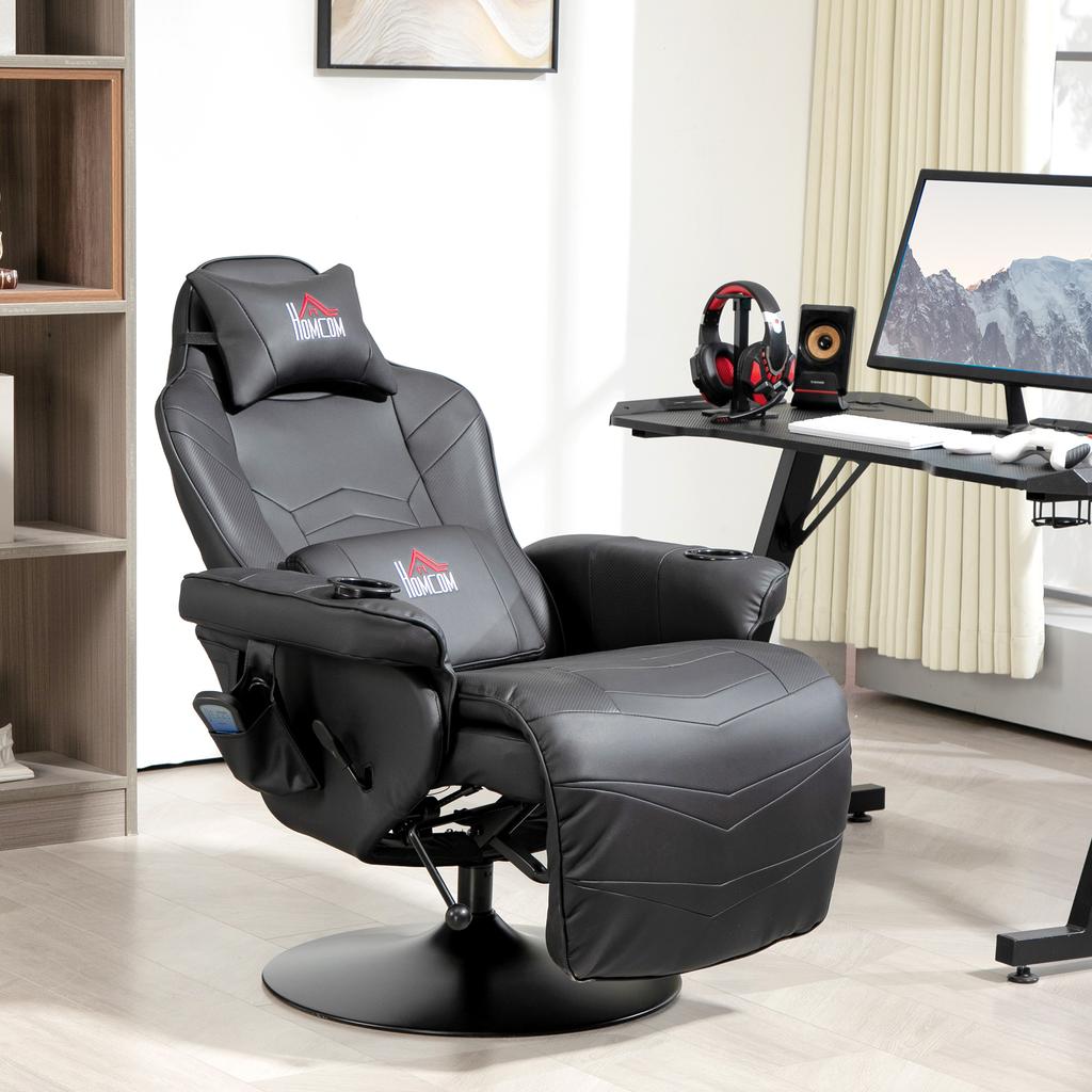 Chaise de Gaming, Fonction Massage, Dossier Inclinable, Repose-pieds, jusqu'à 120 kg, Cadre en Acier, Similicuir, Noir