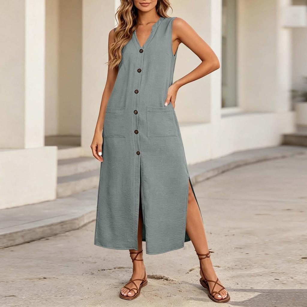 Sleeveless Button Front V Neck Long Casual Dress with Side Slits and Patch Pockets for Women Summer Everyday Wear