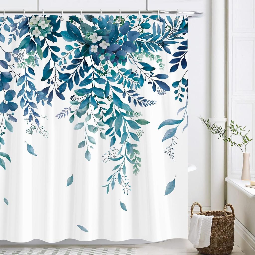 Eucalyptus Leaves Shower Curtain Teal Blue Shower Curtain Set for Bathroom Decor Botanical Plants Print for Bathroom Decor with