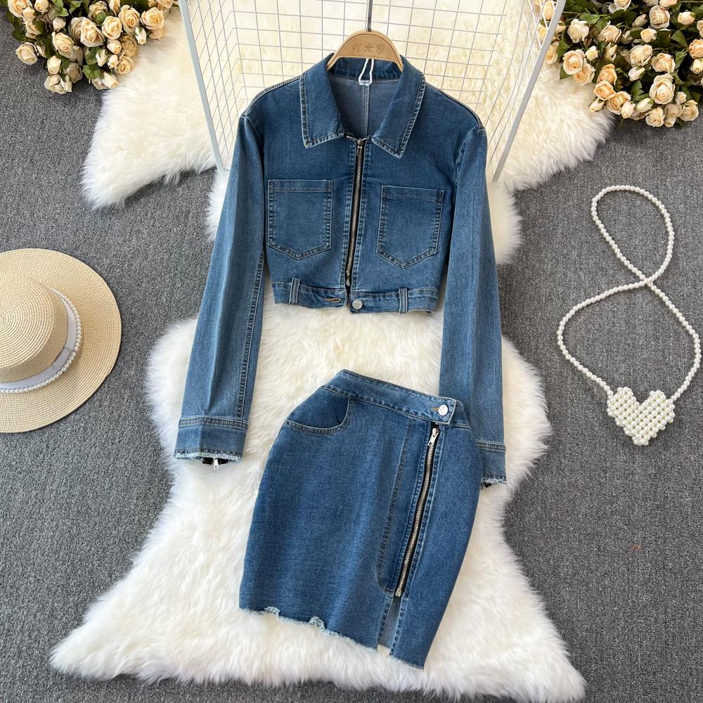

Осенне-зимняя повседневная темпераментная короткая джинсовая куртка на молнии, сумка с высокой талией, юбка на бедрах, комплект из двух предметов