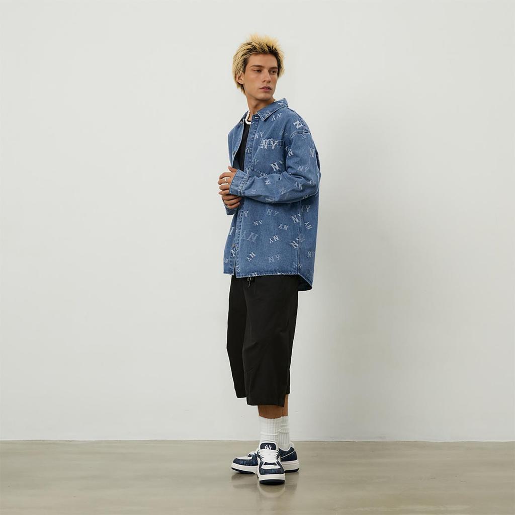 MLB Monogram Vintage American Casual All-Over Print Logo Denim Shirt Unisex Shirts Indigo 3ADRM0244-50INS