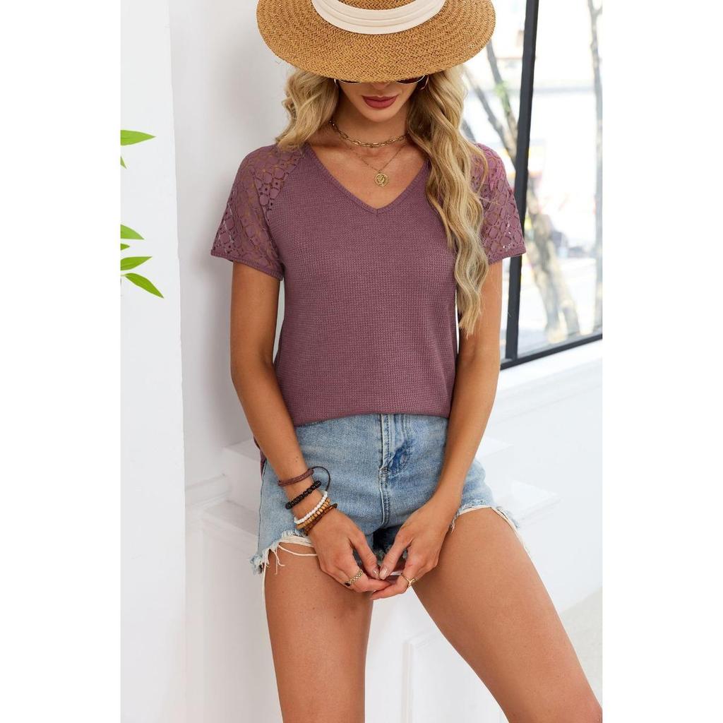 New Summer Spring Women's Loose Short Sleeve V-neck Lace Top Solid Color T-shirt Leisure Trade America Europe