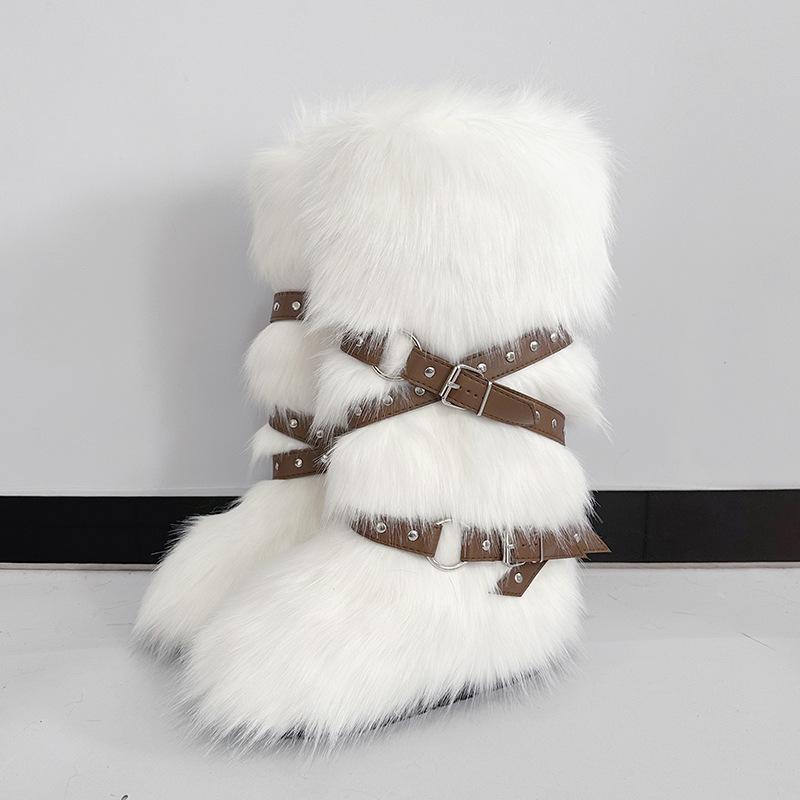 Damen Winterimitat Fuchsfell Stiefel Gürtel Punk Europäisch und Amerikanisch hoher Schaft 40 langer Schaft Schneestiefel Schuhe