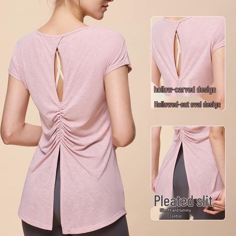 

Women s Summer Yoga Sports T-Shirt - Short Sleeve, Hollow Back, Hip Covering, Breathable Running Top Medium