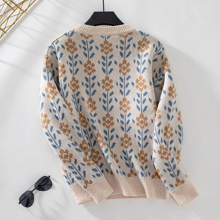 Vintage Podzim Zima Volný Pletený Svetr Dlouhý Rukáv O-Výstřih Pulovr Potisk Top