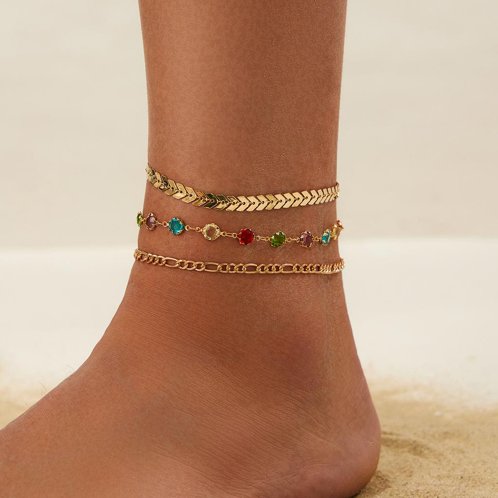 Ingemark Y2K Boho Colorful Crystal Chain Anklet for Women Summer Beach Trendy Exquisite Barefoot Ankle Bracelet Leg Jewelry Gift