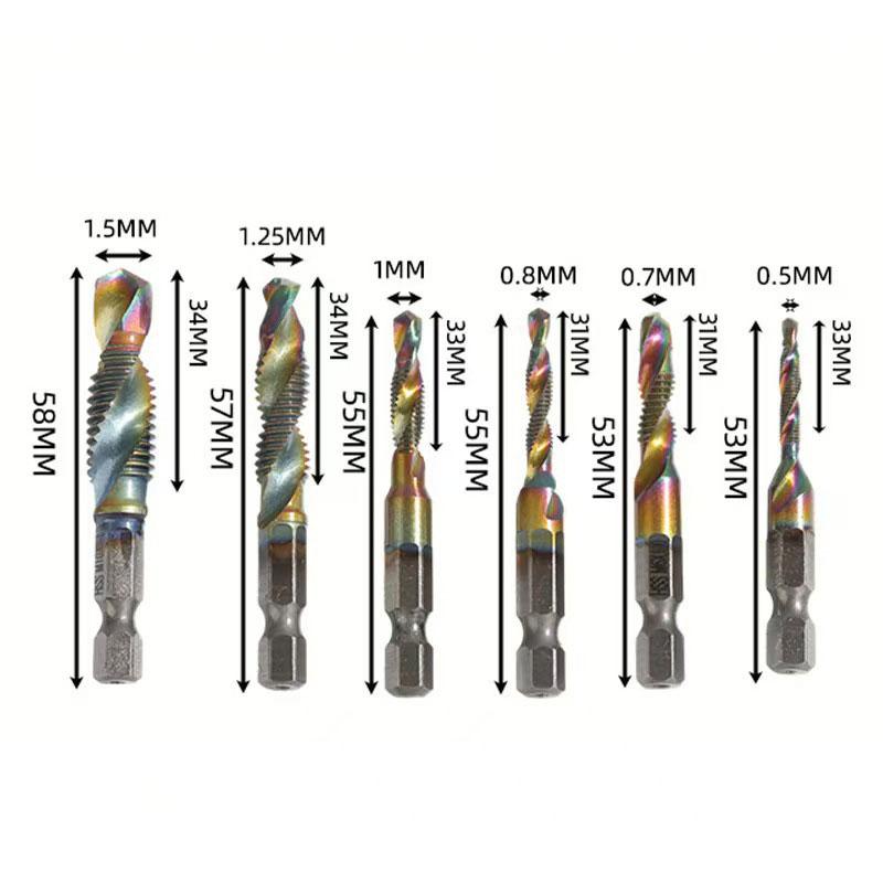 6-delige Hoge-snelheidsstaal 4341 Titanium Gecoate Composiet Tapboor en Tap Geïntegreerde Machinetap Open- en Afschuiningsgereedschapsset
