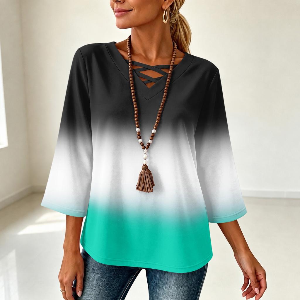 Women's V-Neck Loose Fit Three-Quarter Sleeve Gradient Print T-Shirt Top for Casual Everyday Wear