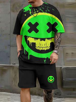 Outdoor Casual Men's Round Neck, Short Sleeves And Shorts Set Fashionable Trend Of The Devil Smiley Face Print Two-piece Suit