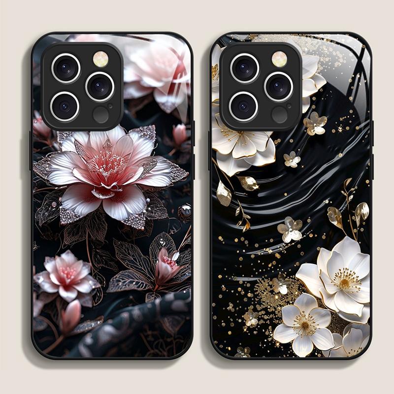 Elegante Custodia in Vetro Temperato con Motivo Fiore di Loto per iPhone 17 16 Pro Max 15 14 13 12 Mini 11 X XS MAX XR 7 8 Plus Cover