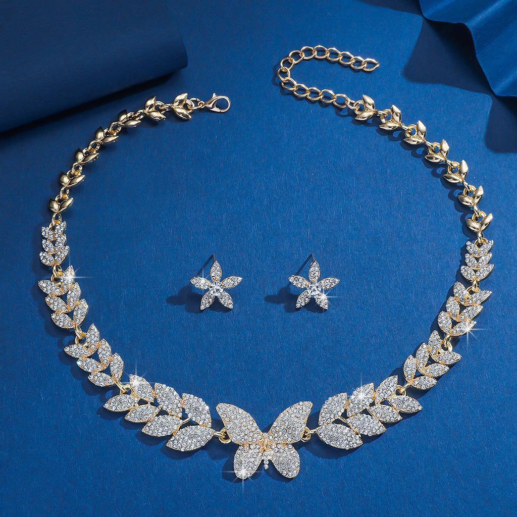 3PC Women's Fashion Flower Leaf Forest Sweet Romantic Necklace Earrings Zircon Set Suitable for Wedding, Party, Festival Gifts