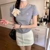 Gray Lace Front Shoulder Short-sleeved T-shirt Women's Summer New Pleated Card Waist Bow Short Top