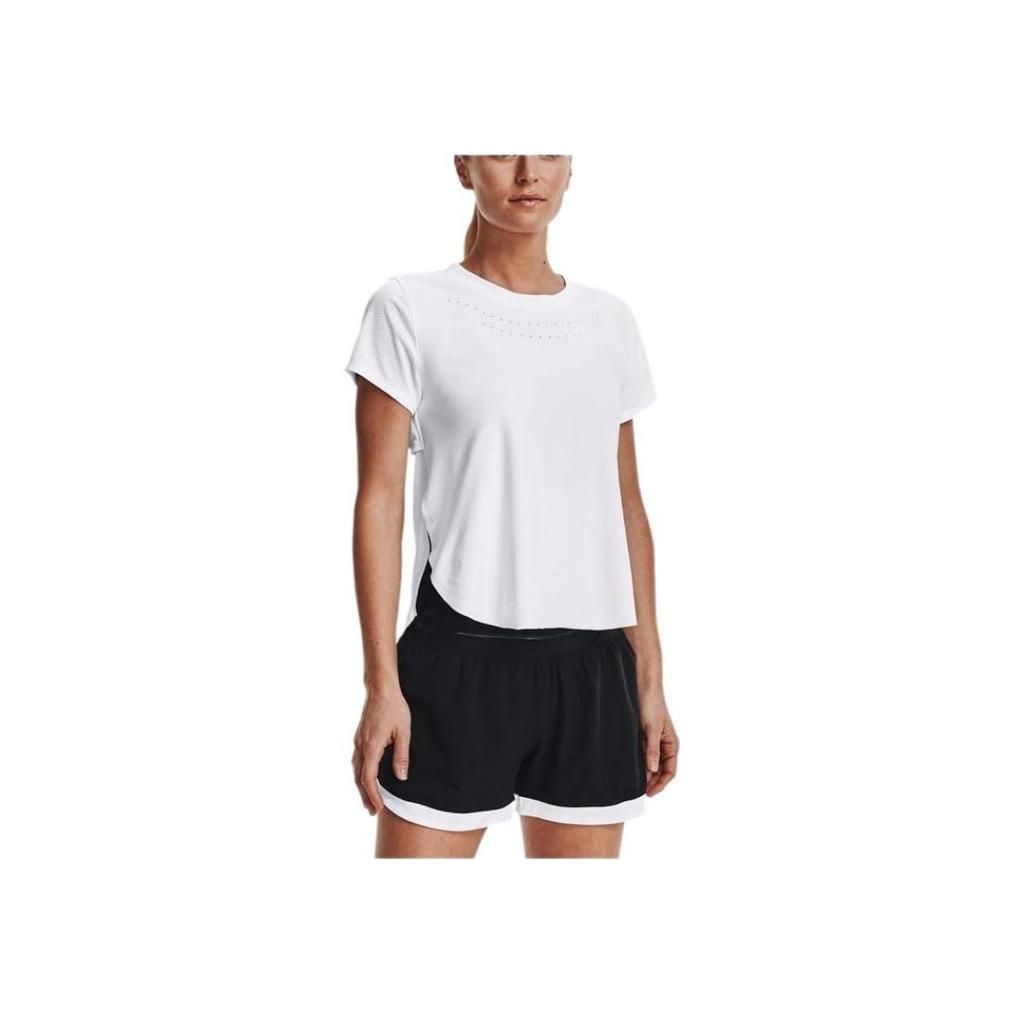 Under Armour Solid Back Hollow Breathable Running Sports Regular T-Shirt Women Tops White 1369800-100