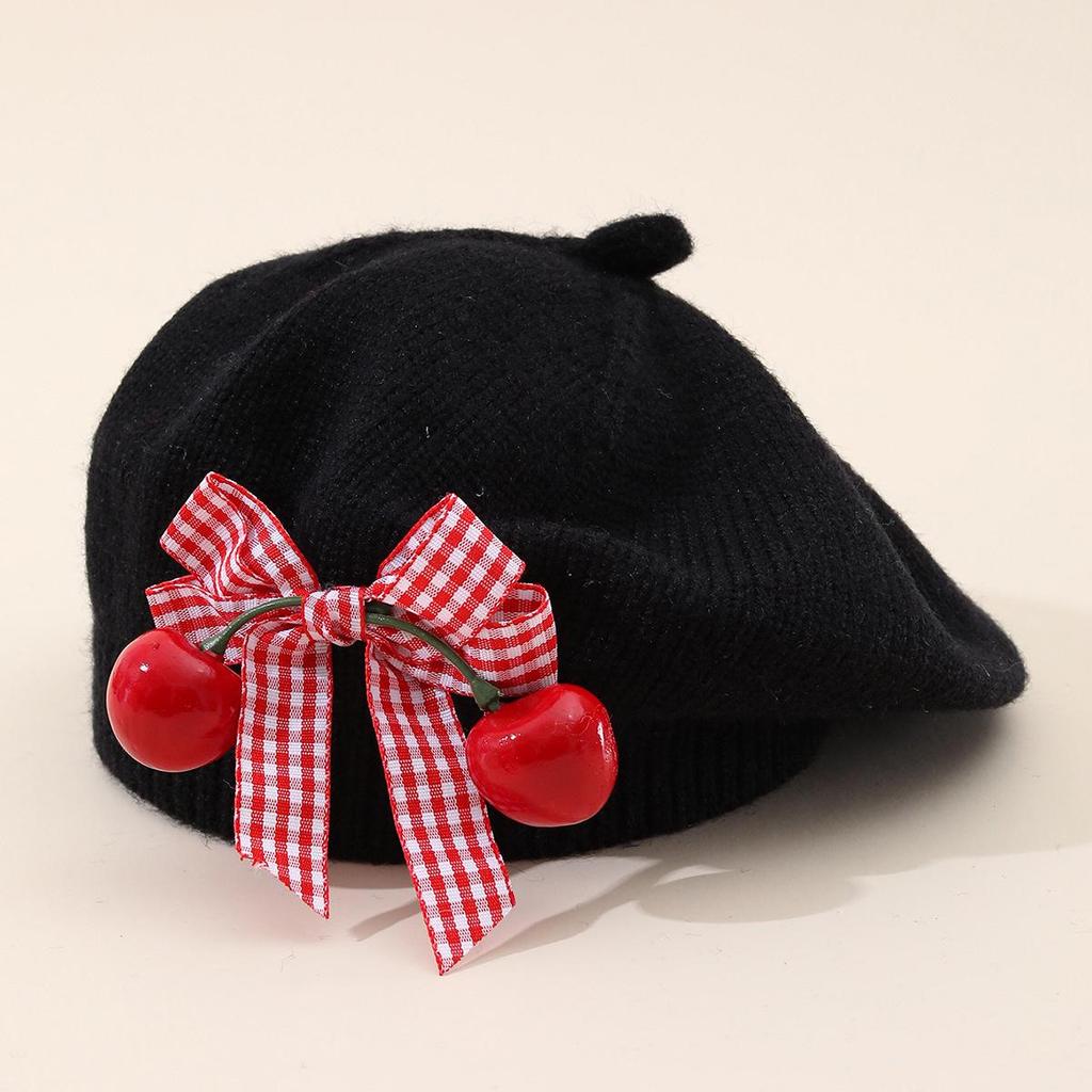 Charming Woolen Beret with Bow & Cherry for Kids - Autumn & Winter Solid Color Hat