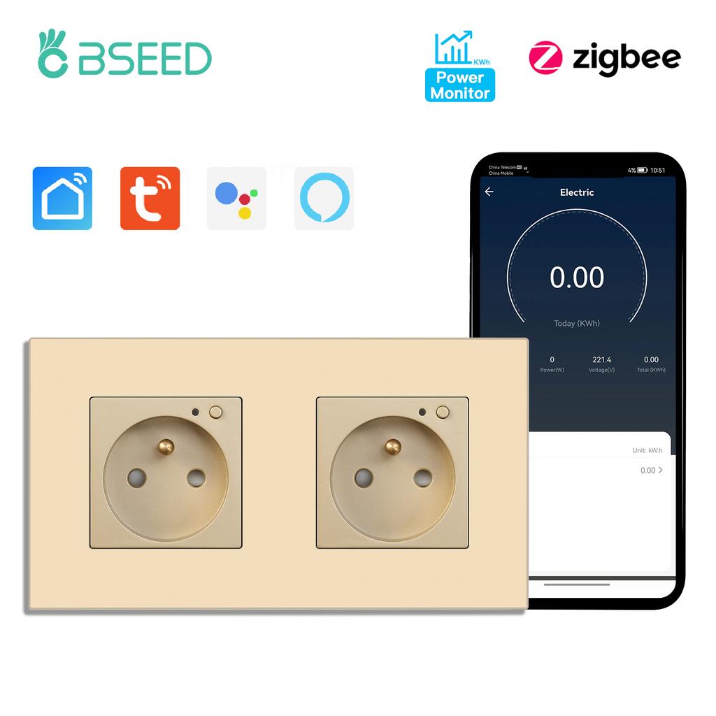 BSEED Zigbee French Smart Socket Doubel Wall Sockets Power Monitor Outlets Tuya Smart Life Alexa App Control Plastic Panel 16A