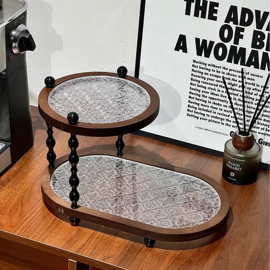Vintage Light Luxury Acacia Wood Double-Layer Storage Rack for Home Countertop - Solid Wood Organizer for Cups & Cosmetics