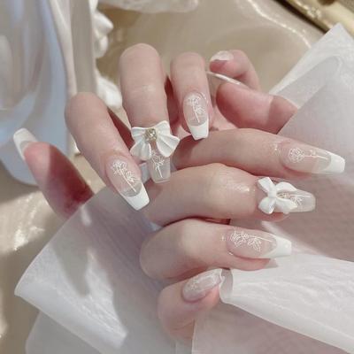 Fresh Pure Desire Style French Bow Line Rose Nail Art - Ready-to-Wear Fake Fingernails