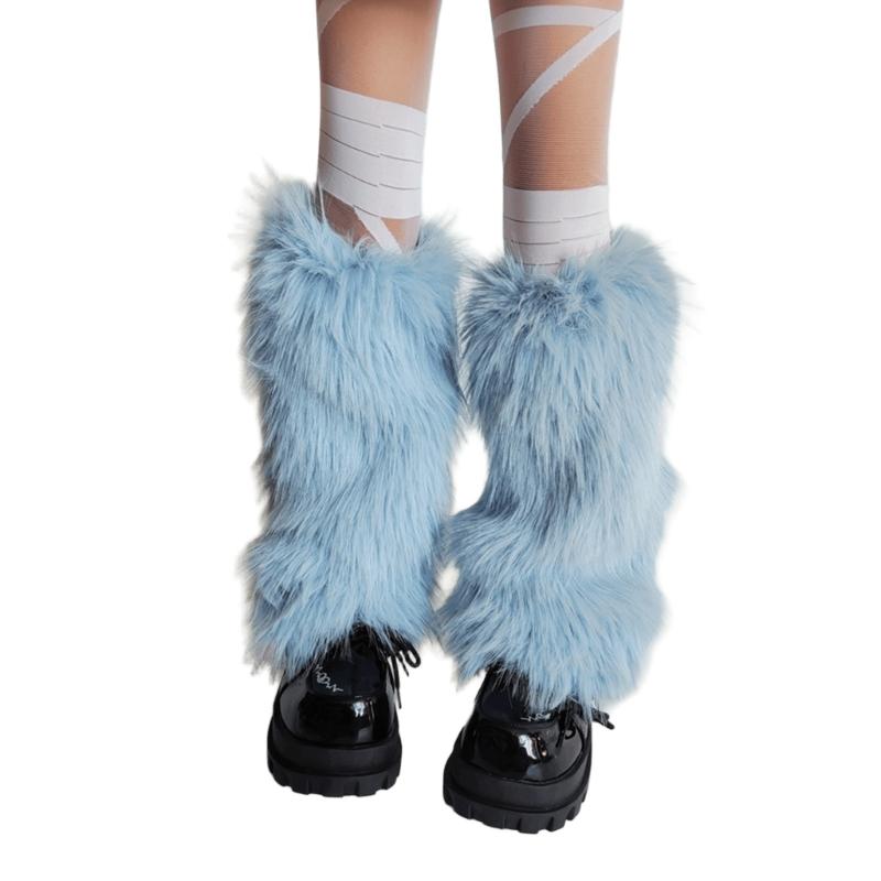 Plush Furry Leg Warmers for Women Cozy Winter Boot Toppers Thermal Warm Blue Fuzzy Foot Covers Footless Socks Gaiters