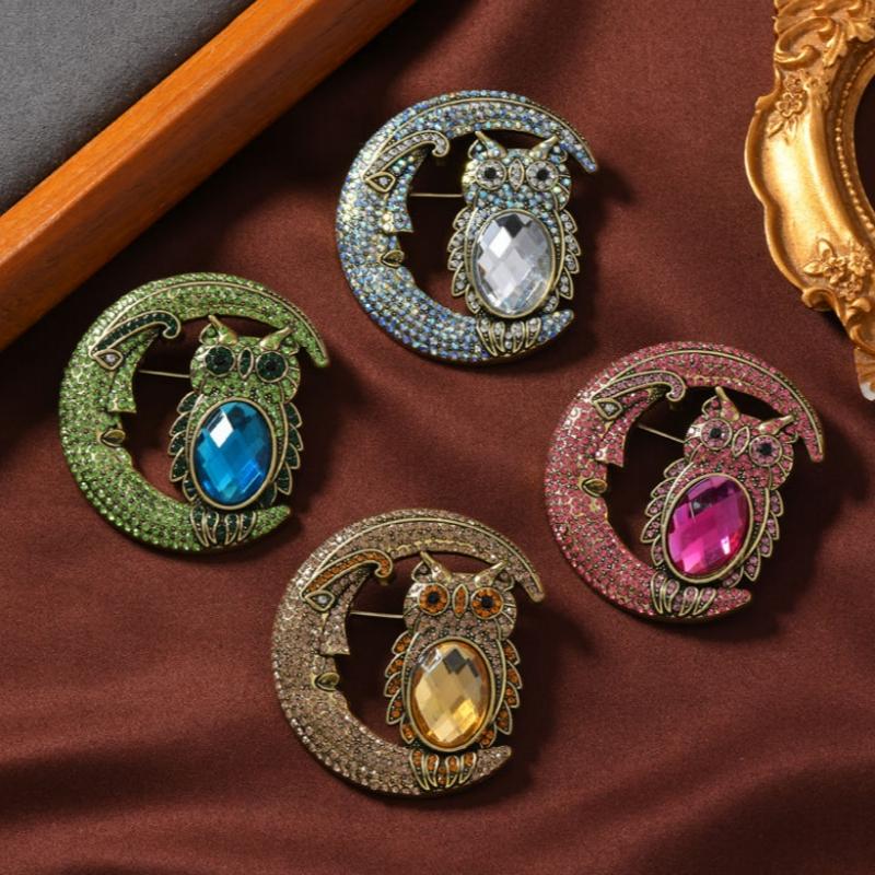 Vintage Mond Eule Brosche für Damen Strass Tier Party Korsagen Nadeln Geschenk