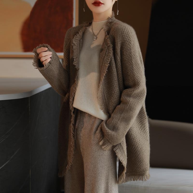Korean New Soft Waxy Medium And Long Rough Edge Knitted Sweater Women'S Casual Lazy Style Small Sweater Cardigan Jacket Tide