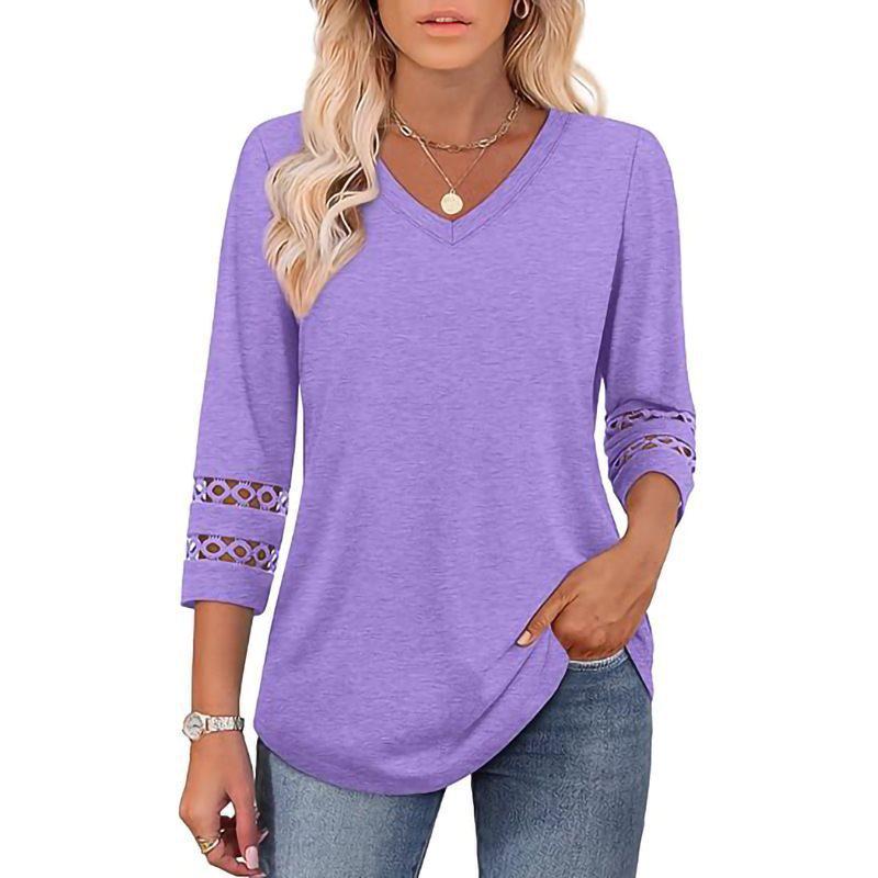 2026 Women's Fashion Solid Color V-Neck Loose Three-Quarter Sleeve Round Neck Hollow-Out Casual Top