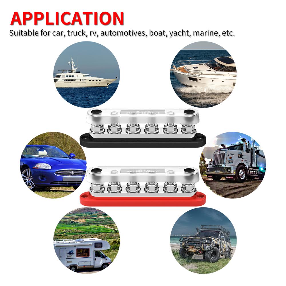 DaierTek 300A Negative Bus Bar 12V Distribution Block 6 X 3/8" M10 Terminal Studs 48V DC Positive Ground Busbar for Automotive