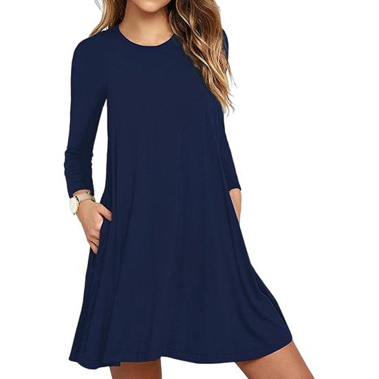 Herbst Frühling Kleid Rundhals A-Linie Taschen Locker Großer Saum Lange Ärmel Minikleid Reine Farbe Casual Dating Shopping Kurzes Kleid