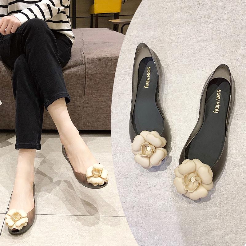 Sapatilhas de Gelatina Femininas - Sandálias Boca de Peixe com Design Floral, Transparentes, Vazadas, Boca Rasa, Tendência 2022