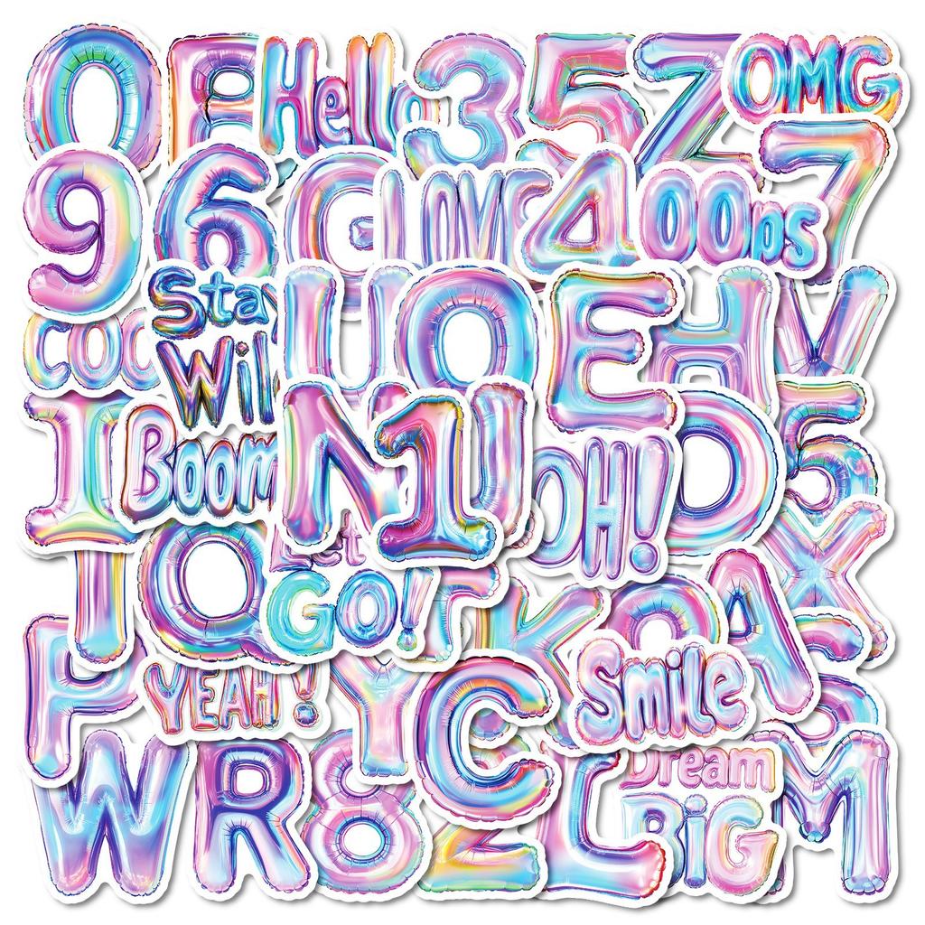 New 50 English Alphanumeric Color Aluminum Film Balloon Stickers Tablet Phone Case Decoration Waterproof Stickers