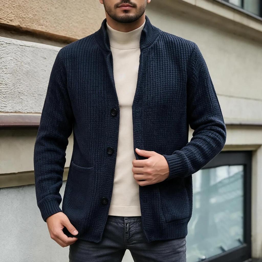Men's Knit Cardigan, Stand Collar Button-Down Sweater Jacket with Pockets for Fall Winter