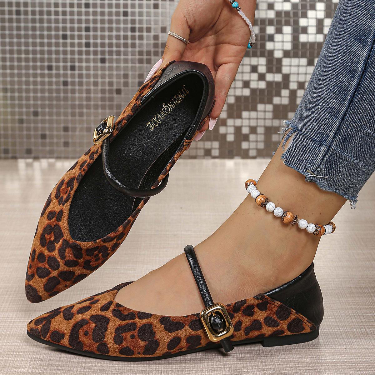

Leopard print pointed Mary Jane shoes women s 2025 autumn new flat-bottomed large-size one-word belt two wear shallow pointed shoes 35