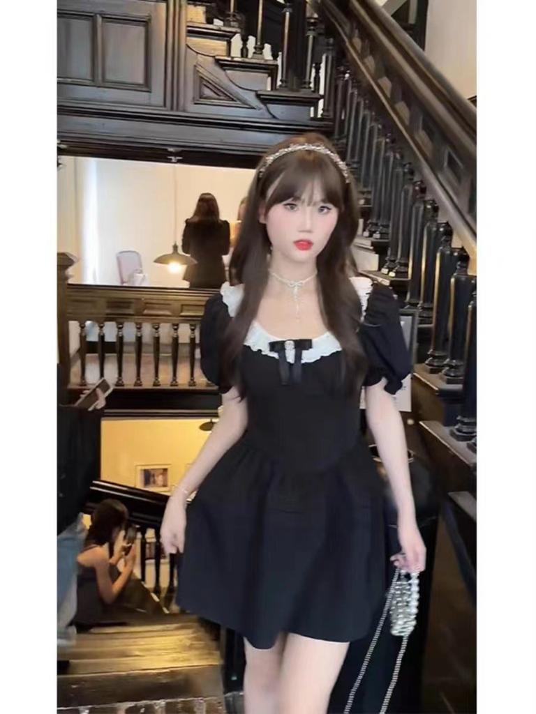 Summer new black dress daughter French temperament a word skirt square neck lace small black dress women's clothing
