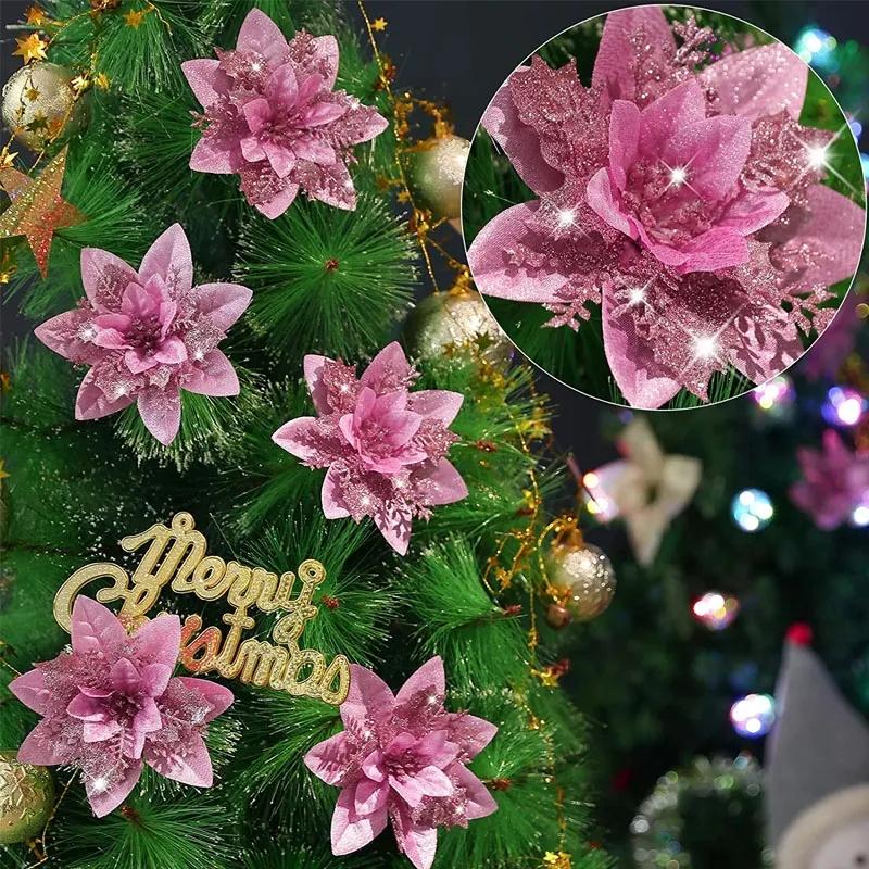 5/50 Stück 14,5 cm Glitzer Künstliche Weihnachtsblumen Mreey Weihnachtsbaumschmuck Frohes Neues Jahr Ornamente Weihnachten Kunstblumen