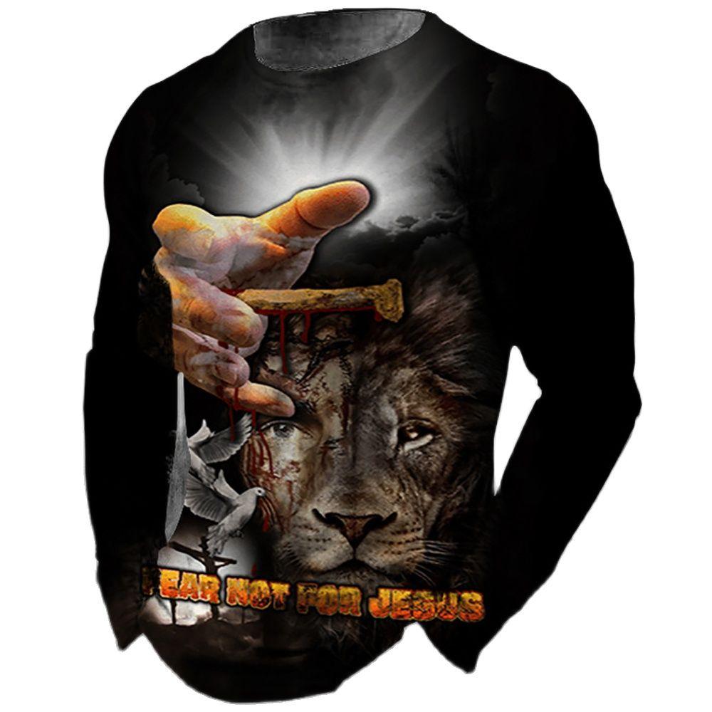 God Christ Jesus And Lion 3D Print Men's T-shirts Autumn O-Neck Long Sleeve Cotton Street Loose Tops Tees Oversized T Shirts 5XL