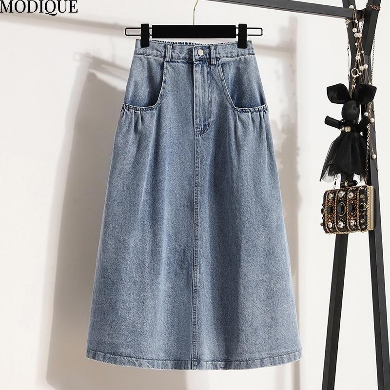 

MODIQUE 2025 Новинка больших размеров, летняя женская повседневная винтажная А-силуэт с высокой талией, длинная джинсовая юбка, женская свободная однотонная потертая синяя юбка XL aero синий