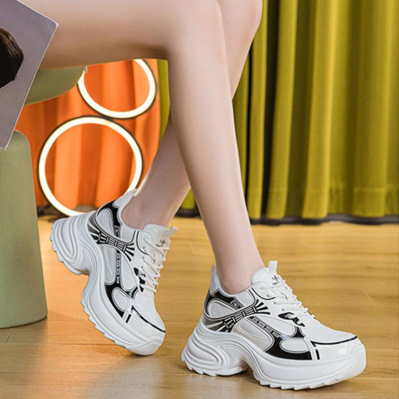 Genuine Leather Chunky Sneakers Women Flat Platform White Shoes Thick Sole 8cm Fashion Brand Ladies Sneakers