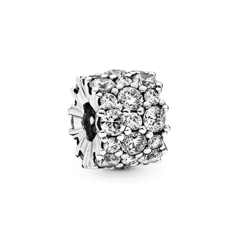 New 925 Silver Round Flower Pattern Sparkling Pink Heart-shaped Clip Charm Bead Fit for Original Bracelet DIY Women's Jewelry